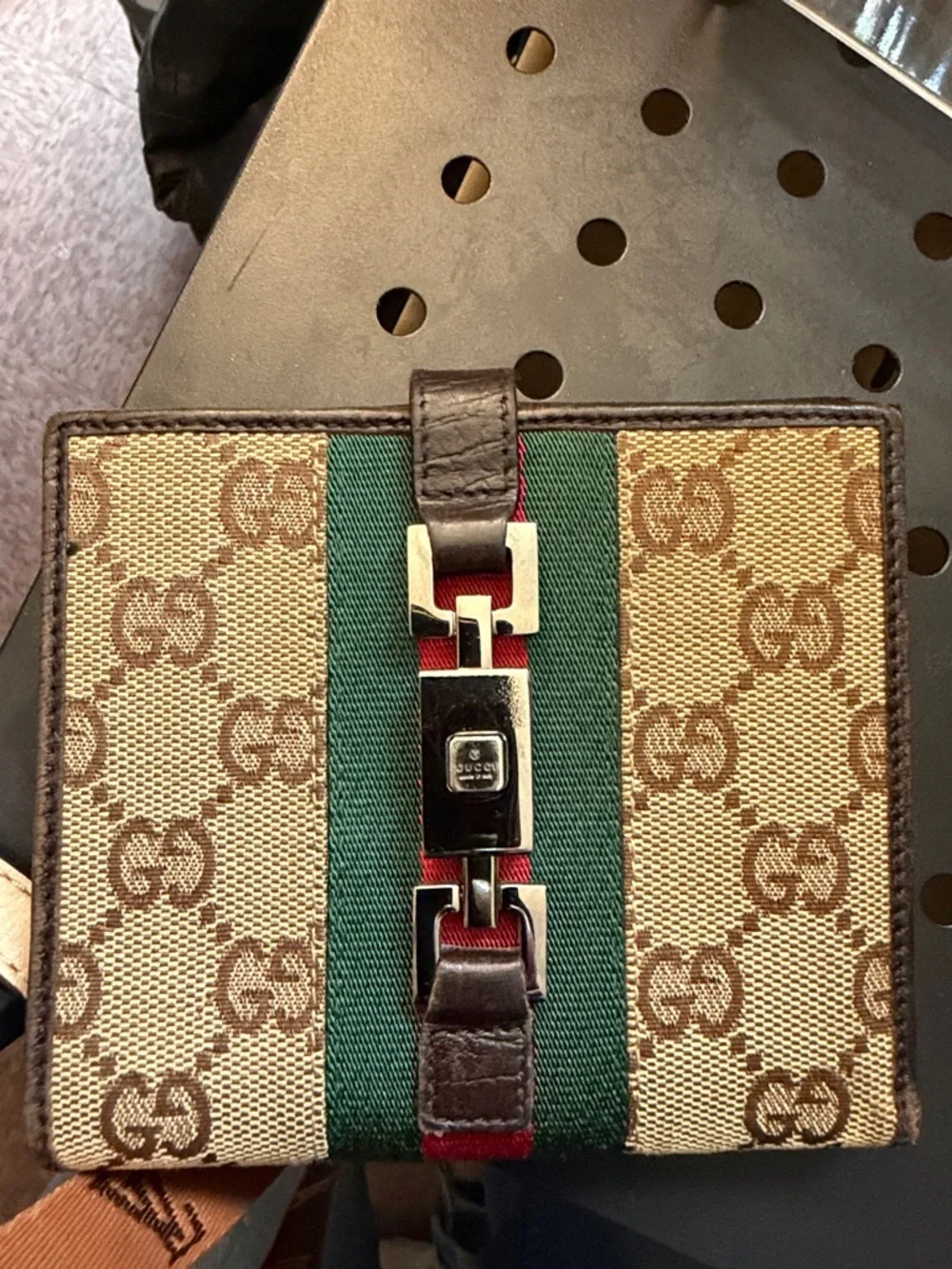 Gucci Beige/Brown Monogram Canvas Wallet with Green-Red Stripe. Authenticity